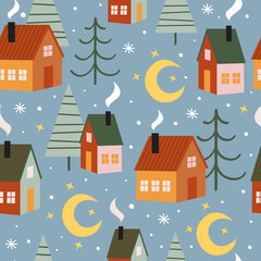 seamless pattern with houses and Christmas trees
