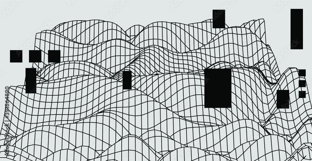 Aufkleber Generative computer art and complex information visualization concept. Glitched and distorted polygonal 3d surface, graph or map mathematical function.