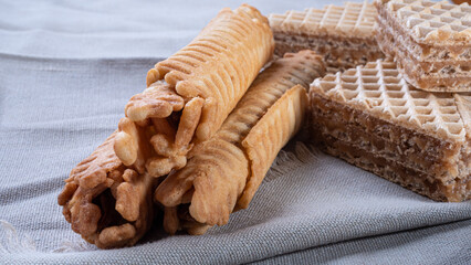 waffle rolls and waffles with caramel