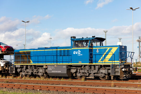 CUXHAVEN, GERMANY - OCTOBER 28, 2020: evb Logistik diesel hydraulic MaK / Vossloh G1206 locomotive