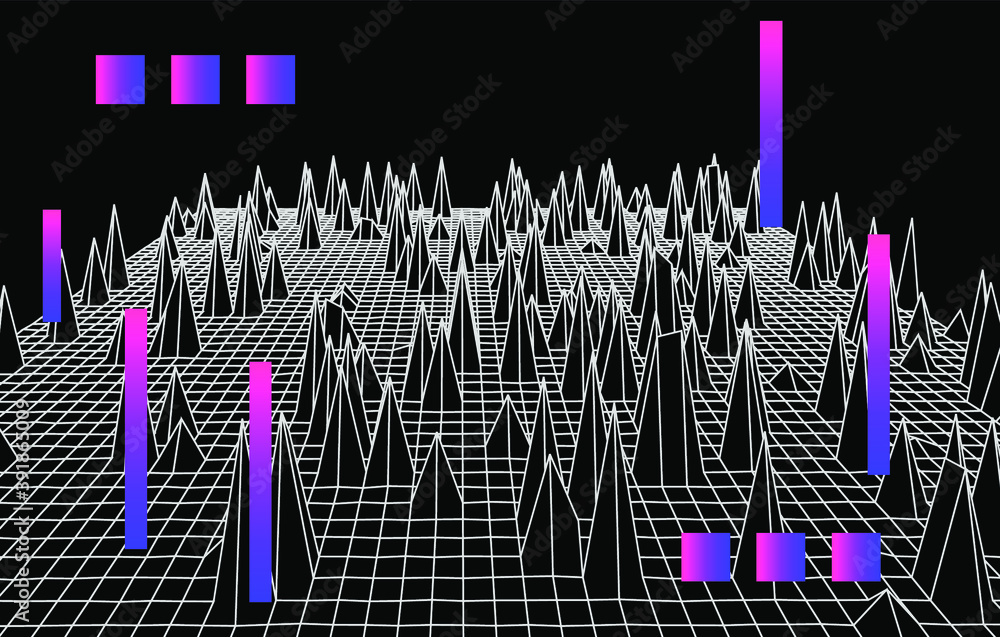 Aufkleber Generative computer art and complex information visualization concept. Glitched and distorted polygonal 3d surface, graph or map mathematical function.