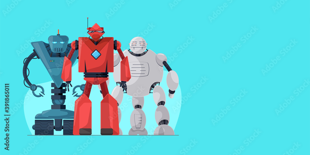 Poster robot cartoon character set on blue horizontal banner template. future robotic technology poster con