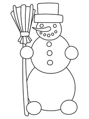 Funny snowman coloring page for kids stock vector illustration. Smiling cartoon snowman with hat and broom vertical printable worksheet. Little winter character black outline isolated on white