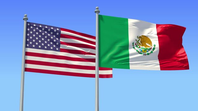 Mexico and USA flag on flagpole excellent quality. United Mexican States and The United States of America waving flag in wind. LOOP/CYCLE Animation.