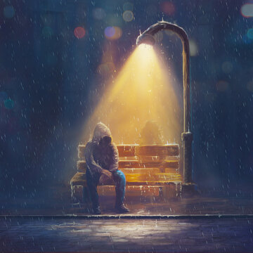 Digital Painting Of A Man In Rain Storm