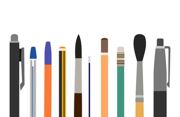 Stationery. Brushes, pens, pencils. Objects isolated on white background. Office and school supplies. Flat style. Tools for creativity. Vector