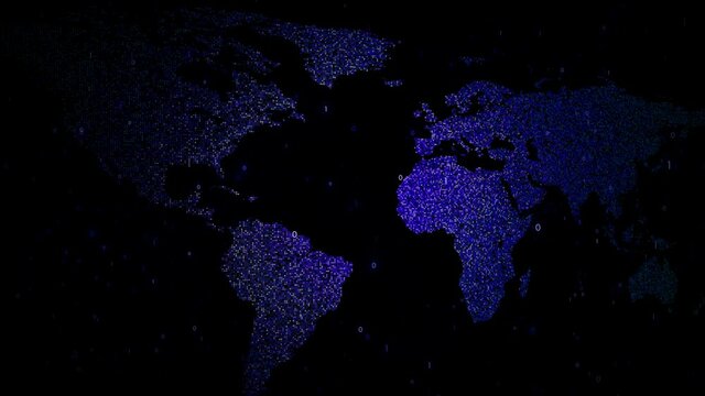 Digital world map on dark background with flashing light effects.