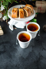 christmas pastry roll biscuit home sweet baked cake dessert festive table new year gift tasty top view copy space food background rustic