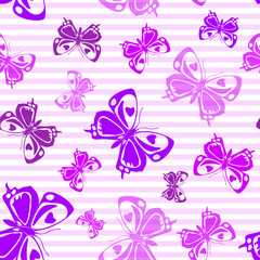 Naklejka na ściany i meble Flying butterfly silhouettes over striped background vector seamless pattern.