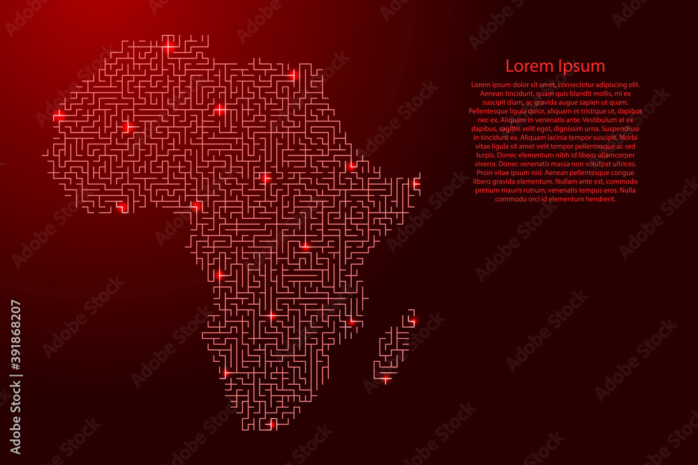 Poster africa mainland map from red pattern of the maze grid and glowing space stars grid. vector illustrat