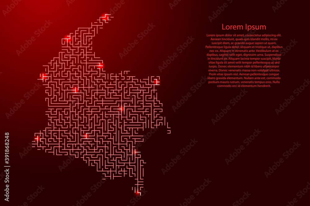 Poster colombia map from red pattern of the maze grid and glowing space stars grid. vector illustration.