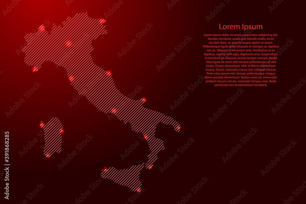 Aufkleber italy map from red pattern slanted parallel lines and glowing space stars grid. vector illustration.