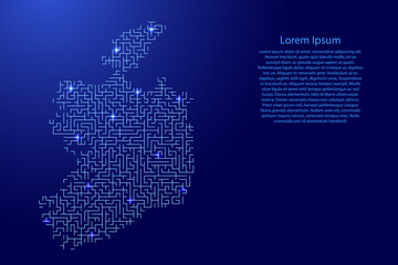 Ireland map from blue pattern of the maze grid and glowing space stars grid. Vector illustration.