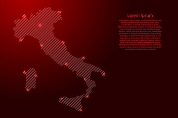 Italy map from red pattern slanted parallel lines and glowing space stars grid. Vector illustration.