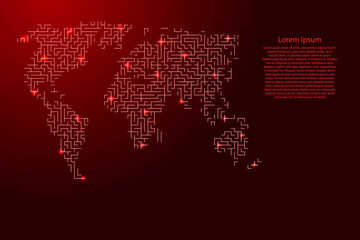 World map from red pattern of the maze grid and glowing space stars grid. Vector illustration.