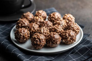 Sweet chocolate truffles. Tasty belgian pralines balls.