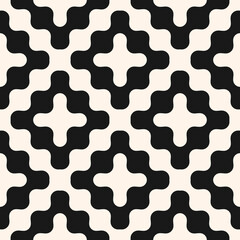 Wavy seamless pattern. Vector abstract liquid lines texture. Simple black and white background with curved waves, crosses, fluid shapes. Optical art. Modern repeat design for decor, print, wallpapers