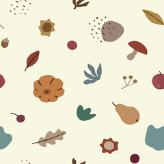 Seamless pattern with fall leaves vegetables, fruit, mushroom and berries. Thanksgiving and halloweeen concept.