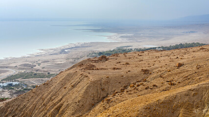 Panoramic view of the shore of the Dead Sea near Ein Gedi.