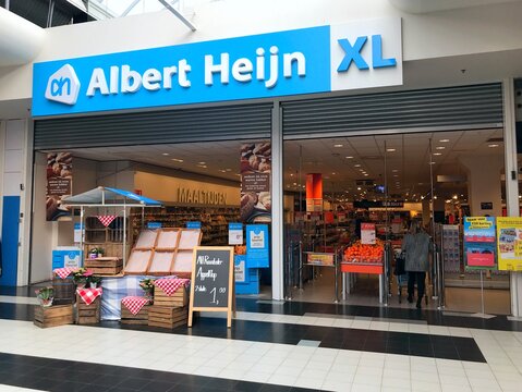 Diemen, the Netherlands - March 8, 2019: Grocery shop entrance Albert Heijn XL Diemen. Albert Heijn or AH, is the largest supermarket chain in the Netherlands.