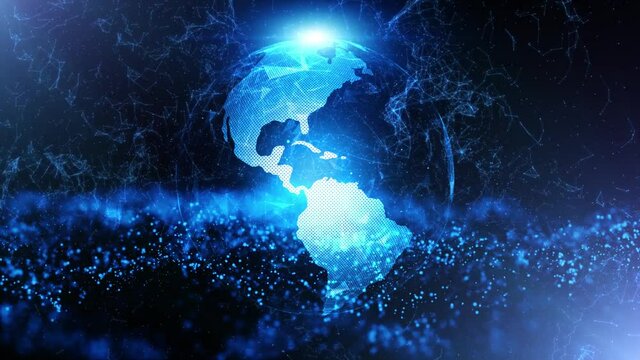 Abstract Earth planet network with sunlight and flashing lights animation. View from space. 