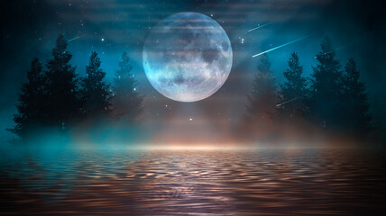 Futuristic night landscape with abstract landscape and island, moonlight, shine. Dark natural scene with reflection of light in the water, neon blue light.  3d illustration