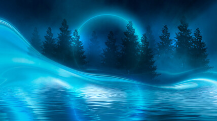 Futuristic night landscape with abstract landscape and island, moonlight, shine. Dark natural scene with reflection of light in the water, neon blue light.  3d illustration