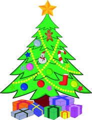 Christmas tree decorated with balls, stars, ribbons, snowman, candy cane, socks and gingerbreed
