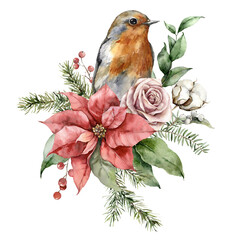 Watercolor Christmas bouquet with robin redbreast, poinsettia, roses and fir branches. Hand painted holiday card with flowers isolated on white background. Illustration for design, print, background.
