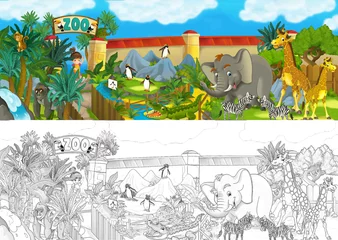 Tafelkleed Cartoon zoo scene with sketch amusement park illustration © agaes8080