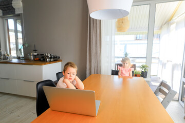 Fototapeta premium Small smiling kids brother and sister laugh and play laptop, communicate video conference chatting. Spacious cozy home interior.