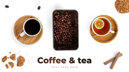 Coffee and tea in white cups and sweets. Long header banner format. Panorama website header banner. High quality photo