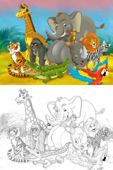 Cartoon zoo scene with sketch in the jungle stage with animals illustration