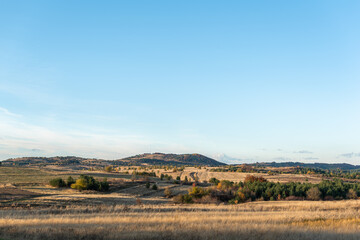 Colorful autumn trees golden field clear blue sky background rural hillside view