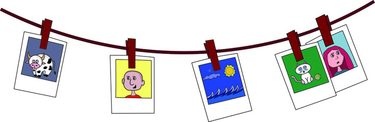 Drawing of a photo clothesline with images of a boy, a girl, a cow, a cat and an ocean