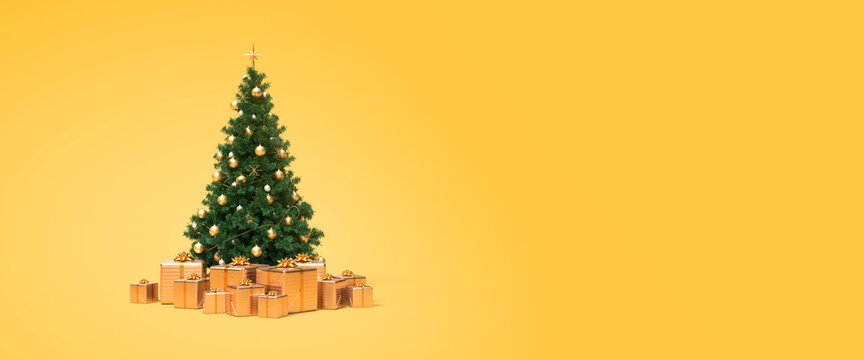 Christmas tree with gifts and gold ornaments