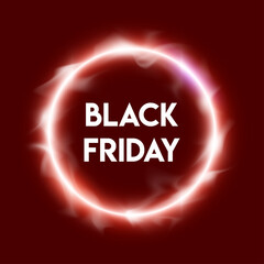 Black Friday Sale round label. Promotional marketing discount event. Realistic circle luminous smoke. Design element for sale banners, posters, cards. Vector ad illustration