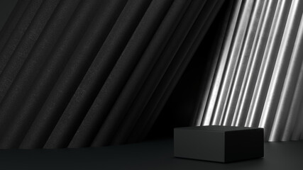Black podium for product presentation. Abstract blank pedestal, platform for product display.
