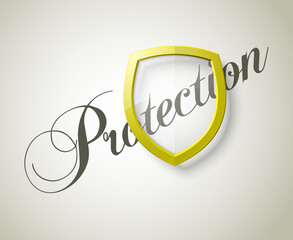 Protection font lettering & transparent shield concept. Safety badge icon. Privacy banner shield. Security label. Defense shield tag. Presentation sticker shape. illustration background