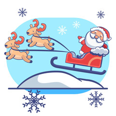 Santa Claus with deers on white isolated backdrop. Christmas postcard for invitation or gift card, notebook, bath tile, scrapbook. Phone case or cloth print. Flat style stock vector illustration