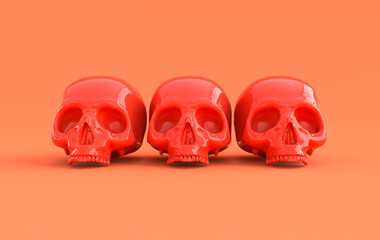 Human scull 3d rendering. Red death's-head on orange background.  Scary halloween dead skeleton head symbol