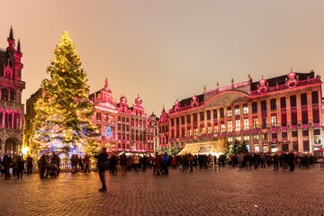 View of Grand Place decorated and illuminated for Christmas in Brussels city centre on a December...