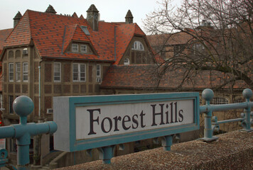 Forest Hills Queens New York Sign Old Tudor Style Building Background