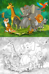 Cartoon zoo scene with sketch in the jungle stage with animals illustration