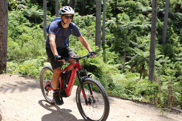 Fototapeta premium person riding an electric mountainbike - emtb