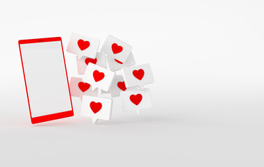 Like heart icon on a pin and phone 3d rendering. Social media notification. Social network symbol background. I like it!