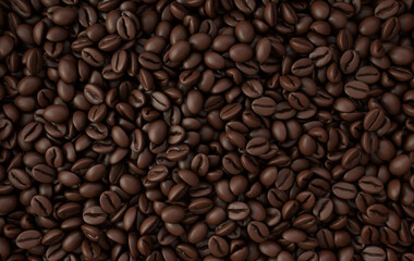 Dark freshly roasted coffee beans 3d rendering background. Top view. Masses of coffee beans close up.