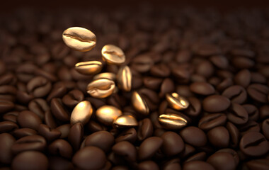 Dark freshly roasted coffee beans 3d rendering background. Top view. Masses of falling golden coffee beans close up.