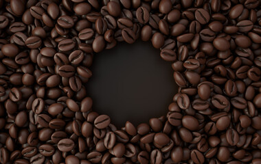 Fresh roasted coffee beans frame 3d rendering background. Masses of coffee beans close up. Top view