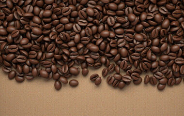 Fresh roasted coffee beans frame 3d rendering background. Masses of coffee beans close up. Top view